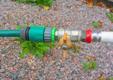 Plastic gardening hose with threaded Brass fitting connected to water supply valve and pipe.の写真素材