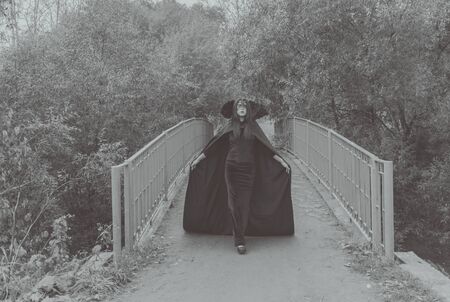 the image of Halloween pretty Girl in a dress and mask walking across the bridge in Black and white.の写真素材