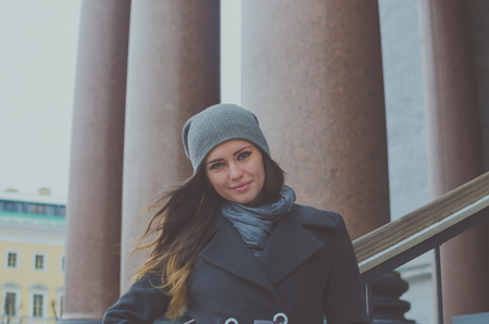 beautiful girl on the background of the granite columns.の写真素材