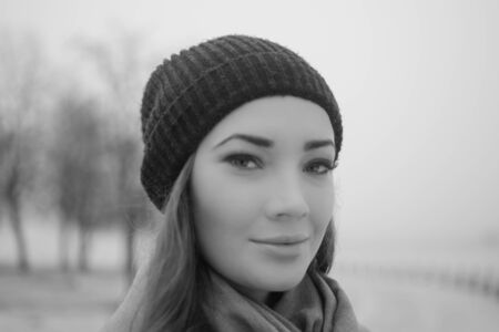 black and white.portrait of a beautiful girl closeup.の写真素材