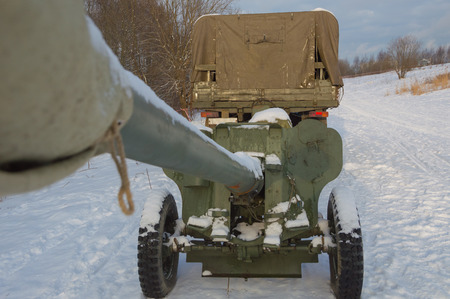 the trailer to the truck guns in the sky looks the barrel.の写真素材