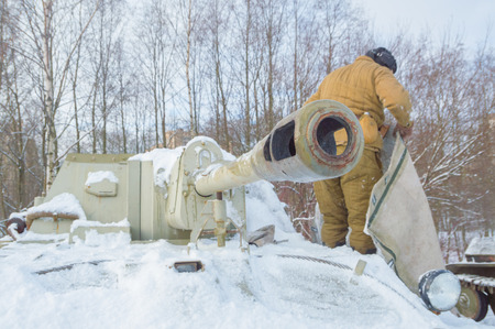 the driver of the tanker near the tank gun su-76.のeditorial素材