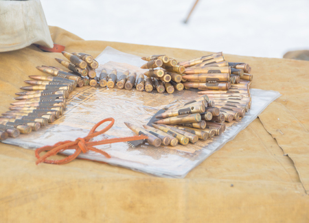 in winter, on the table of a machine-gun tape from the mg-42, closeup.のeditorial素材