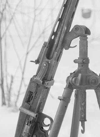 on tripod German machine gun in winter ,black and white.の写真素材