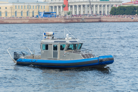 Russia, Saint-Petersburg, July 30, 2017 - police boat in the waters of the Neva.のeditorial素材