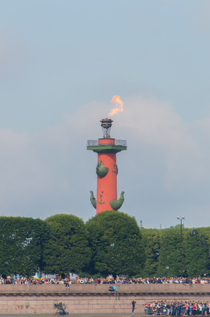 Russia, Saint-Petersburg, July 30, 2017 - the day of the Navy lit Rostral column.のeditorial素材