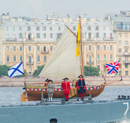 Russia, Saint-Petersburg, July 30, 2017 - the boat of Tsar Peter the first in Russian Navy day.のeditorial素材