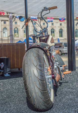 Russia, Saint-Petersburg, Ostrovsky square, August 3, 2017 - festival Harley Davidson, rear view of exclusive motorcycle.のeditorial素材