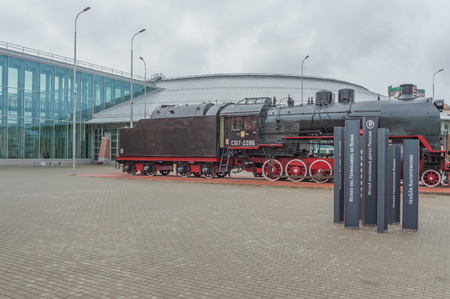 Russia, Saint-Petersburg,15, Nov, 2017 - steam locomotive at the entrance , outside space, railway...