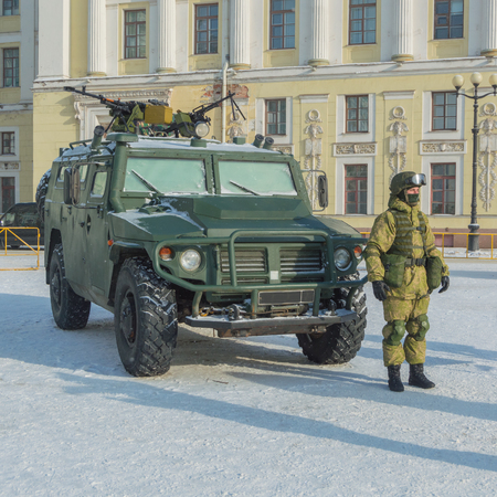 in winter, near the armored car Russian militaryのeditorial素材