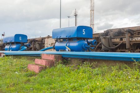 Russia, St. Petersburg September 16, 2017 - railway pneumatic brakes built into the rails for...