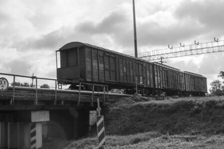 Russia, St. Petersburg September 16, 2017 - station for the dissolution and formation of railway trains, cars descend from the hill forming part, pneumatic brakes on the rails.のeditorial素材