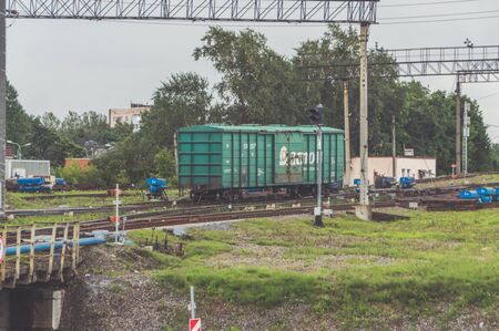 Russia, St. Petersburg September 16, 2017 - station for the dissolution and formation of railway trains, cars descend from the hill forming part, pneumatic brakes on the rails.のeditorial素材