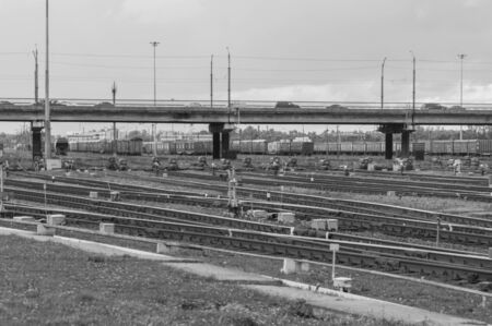 Russia, St. Petersburg September 16, 2017 - station for the dissolution and formation of railway trains, cars descend from the hill forming part, pneumatic brakes on the rails.のeditorial素材