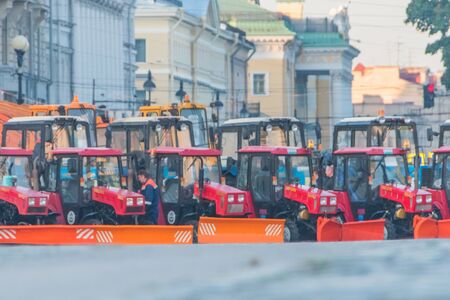 Russia, St. Petersburg, September 19, 2018 -the parade of cleaning equipment, cars on Palace square at the Hermitageのeditorial素材