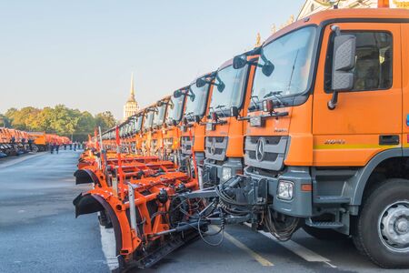 Russia, St. Petersburg, September 19, 2018 -the parade of cleaning equipment, cars on Palace square at the Hermitageのeditorial素材
