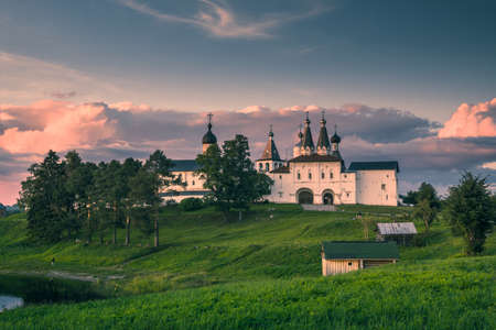 Landmark Ferapontov Monastery in Vologda at sunset with beautiful purple cloudsの写真素材