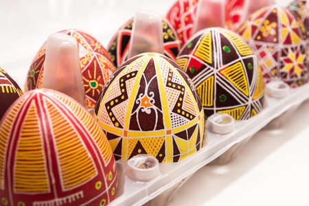 Eggs in box with pattern for Easter holidayの写真素材
