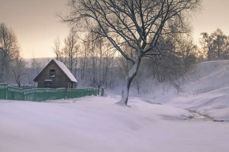 Winter house and tree on frozen river on morning in Russiaの写真素材