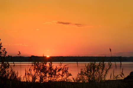 Part of the bright solar disk on the orange sunset on the horizon in the sky over the river of grass over the houses of the village in Russia.の写真素材