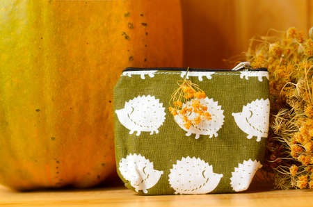 Small purse green with images of urchins standing on a wooden table next to a big old pumpkin and yellow dried flowers of fennel.の写真素材