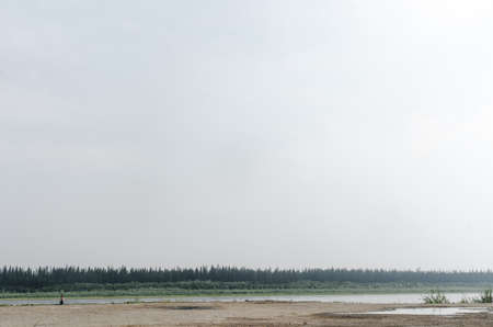 Girl traveler sitting on the edge of the old pier on the banks of the river vilyu with spruce forests and the tundra of Yakutia in the Far North of Russia looking at the phone on a warm day by a puddle.の写真素材