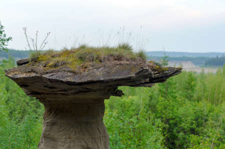 Hat attractions Yakutia isolated rock massif - clay mushroom in the wild taiga of the North against the forest.の写真素材