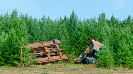 The iron remains of an old Soviet truck are abandoned in a young spruce forest in the taiga of Yakutia.の写真素材