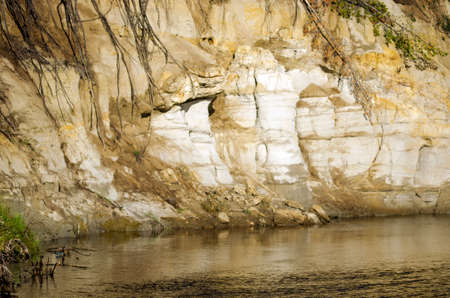 Clay cliffs near the water of the river with erosion types of terrain and exposed roots of the fallen trees in the Arctic tundra of Yakutia near.の写真素材
