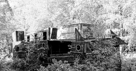 Black and white picture of an abandoned iron ship overgrown with trees in the forest of the taiga of Yakutia.の写真素材