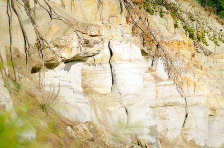 The clay cliff by the river with eroziunii types of terrain and protruding roots of the trees of the Northern forests in Yakutia.の写真素材