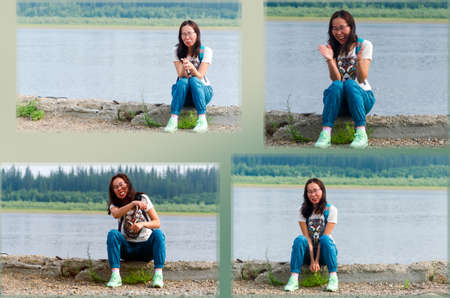 Collage of four photos of Yakut girls Asian grimace on the banks of the Northern river and the taiga forest with different emotions.の写真素材