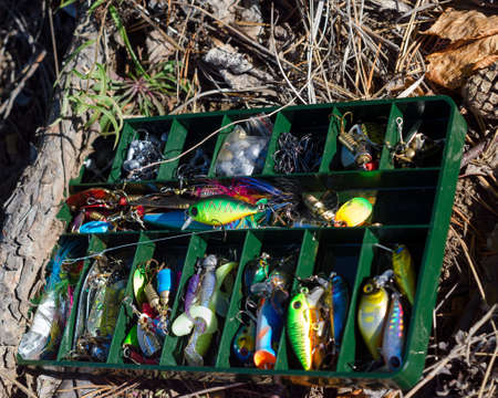 Small fishing lures for microjig and spinning with lures, rubber lures and hooks lying on the ground with spruce needles in the forest.の写真素材