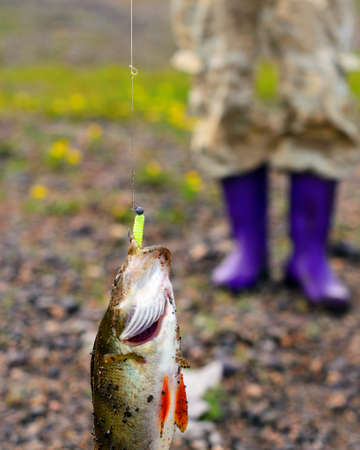 A big bass caught by a fisherman hangs on a rubber lure with a weight, a metal leash string and a cord against the background of a girl's feet in boots on rocky soil.の写真素材