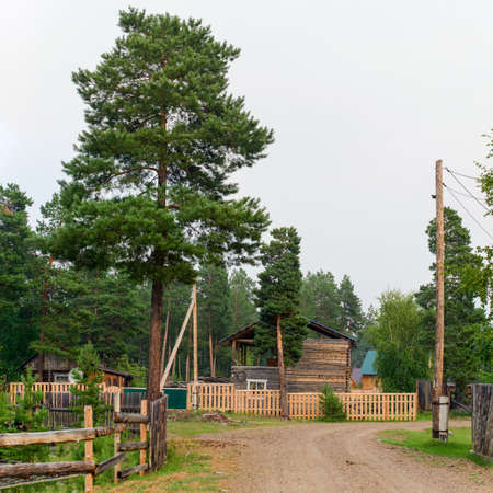 Fork of the village road with wooden houses made of pine in the Northern forest with satellite dish and wires.の写真素材