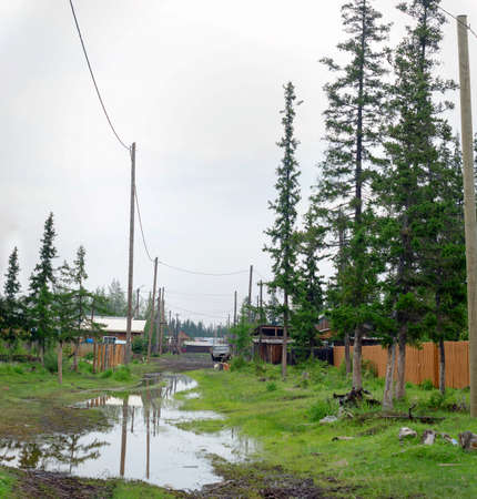 Impassable North road street with puddle and mud in the village of Yakutia Suntar with spruce trees and a car at the fence with houses.のeditorial素材