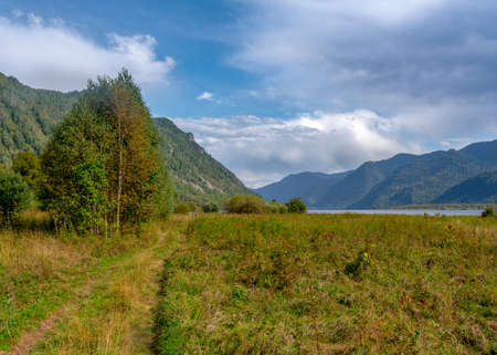 Landscape of the road among the fields near the Teletskoye lake in the Altai mountains with trees and silhouettes of tourists in the distance.の写真素材