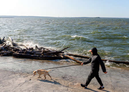 A young man in a tracksuit walks along the raging sea with waves with a dog breed Staffordshire Terrier.の写真素材