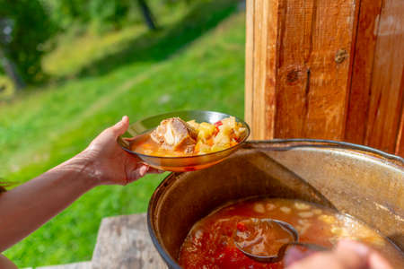 Hands girl cooks outdoors lies soup with meat and vegetables borscht from a large cauldron pan on the wooden floor, in a house next to a grass field in the woods, in a plate.の写真素材
