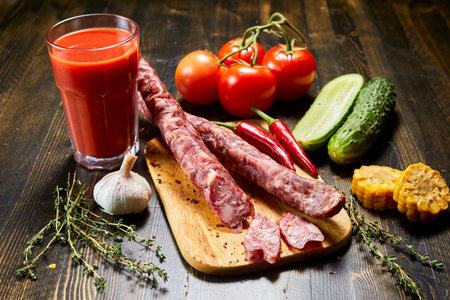 Two whole raw sausages and sliced pieces arranged on a wooden cutting board, accompanied by a glass of fresh tomato juice, ripe tomatoes on the vine, cucumbers, corn, garlic, red chili peppers, and sprigs of thyme. Rustic, appetizing composition perfect for deli menus, recipe blogs, healthy eating content, or food photography portfolios.の写真素材