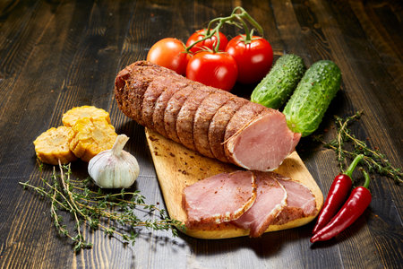 Sliced seasoned pork loin on wooden cutting board with fresh vegetables and herbs. Rustic kitchen scene.の写真素材