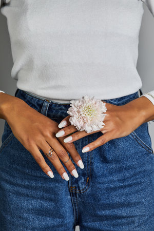 Woman with white manicure and silver rings holds a pink carnation against her denim jeans on a neutral gray backgroundの写真素材