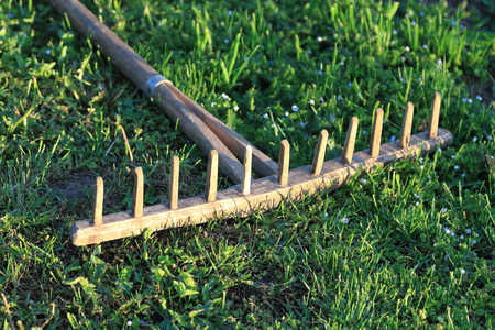 Old hand-made rake for hay in the village.の写真素材