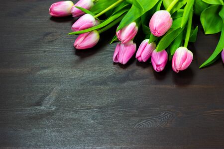 pink tulips on a wooden tableの写真素材