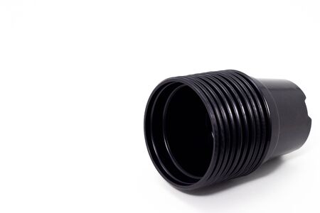 plastic black flowerpots on white backgroundの写真素材