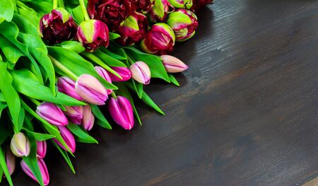 pink tulips on a wooden tableの写真素材