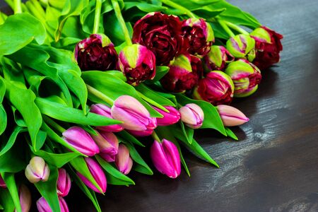 pink tulips on a wooden tableの写真素材