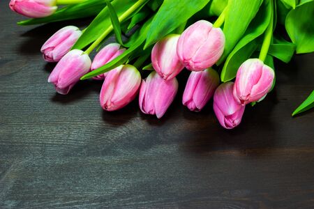 pink tulips on a wooden tableの写真素材