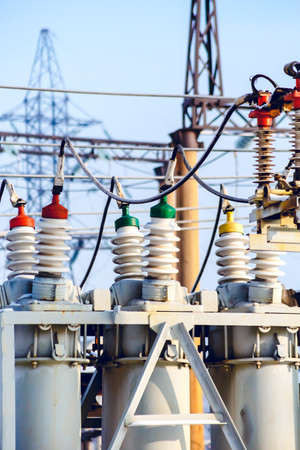 High voltage electric power substation in winter day
