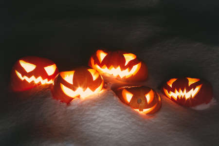 Halloween Pumpkins On Wood In A Spooky Forest At Nightの写真素材